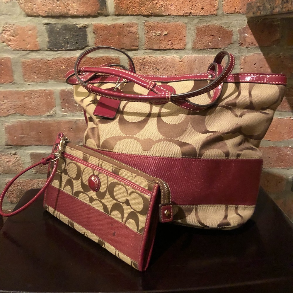 Coach Signature Stripe Tote with free wristlet